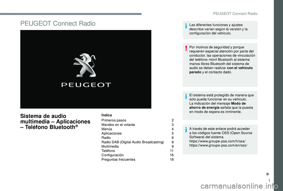 Peugeot 308 2018 Manual del propietario (in Spanish) 1
PEUGEOT Connect Radio
Sistema de audio
multimedia – Aplicaciones
– Teléfono Bluetooth
®
Índice
Primeros pasos
2
M
andos en el volante
3
M
enús
4
A
plicaciones
5
Radio
6
Radio Peugeot 308 2018 Manual del propietario (in Spanish) 1
PEUGEOT Connect Radio
Sistema de audio
multimedia – Aplicaciones
– Teléfono Bluetooth
®
Índice
Primeros pasos
2
M
andos en el volante
3
M
enús
4
A
plicaciones
5
Radio
6
Radio