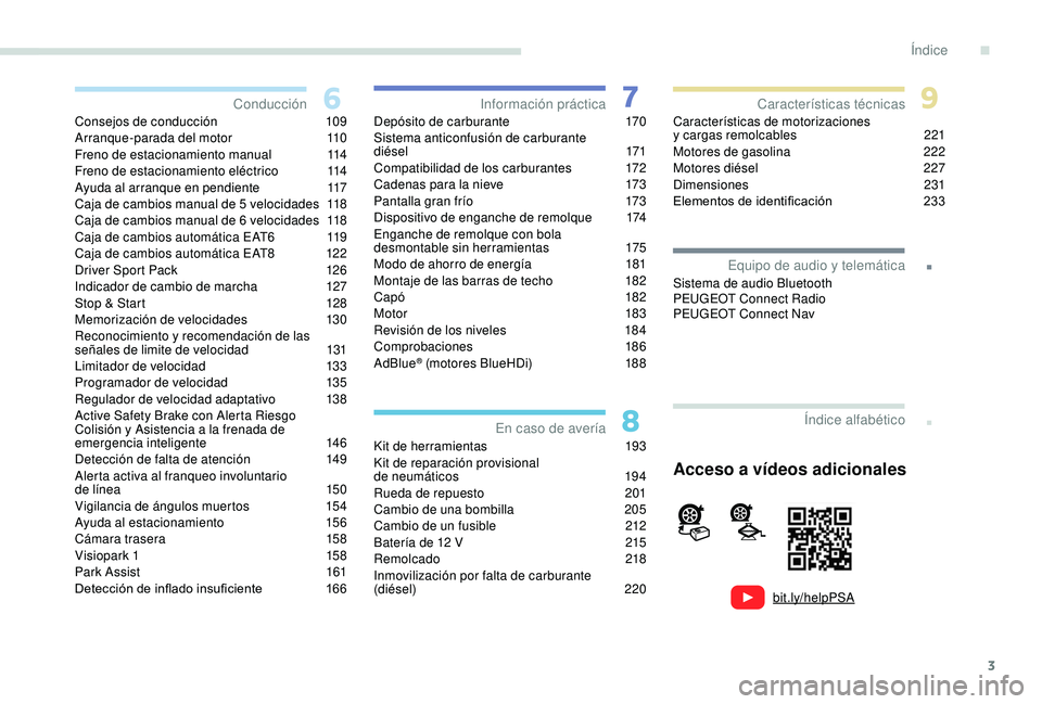 Peugeot 308 2018  Manual del propietario (in Spanish) 3
.
bit.ly/helpPSA
.
Consejos de conducción 109
Arranque-parada del motor  1 10
Freno de estacionamiento manual
 1

14
Freno de estacionamiento eléctrico
 
1
 14
Ayuda al arranque en pendiente
 1

1