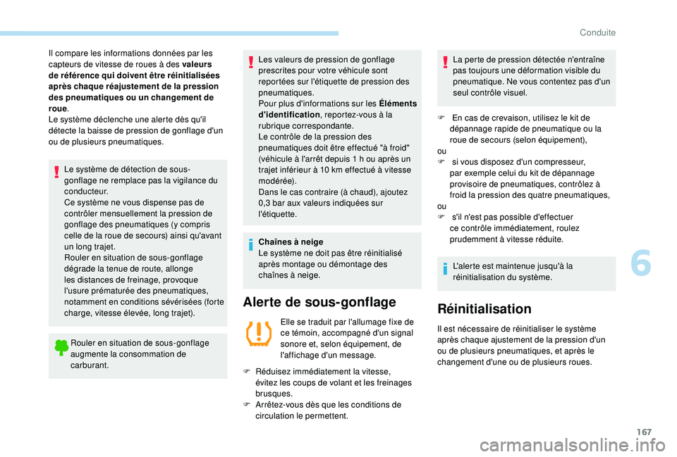 Peugeot 308 2018 Manuel du propriétaire (in French) 167
Le système de détection de sous-
gonflage ne remplace pas la vigilance du
c o n d u c t e u r.
Ce système ne vous dispense pas de
contrôler mensuellement la pression de
gonflage des pneumat Peugeot 308 2018 Manuel du propriétaire (in French) 167
Le système de détection de sous-
gonflage ne remplace pas la vigilance du
c o n d u c t e u r.
Ce système ne vous dispense pas de
contrôler mensuellement la pression de
gonflage des pneumat