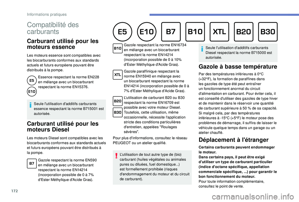 Peugeot 308 2018 Manuel du propriétaire (in French) 172
Compatibilité des
carburants
Carburant utilisé pour les
moteurs essence
Les moteurs essence sont compatibles avec
les biocarburants conformes aux standards
actuels et futurs européens Peugeot 308 2018 Manuel du propriétaire (in French) 172
Compatibilité des
carburants
Carburant utilisé pour les
moteurs essence
Les moteurs essence sont compatibles avec
les biocarburants conformes aux standards
actuels et futurs européens
