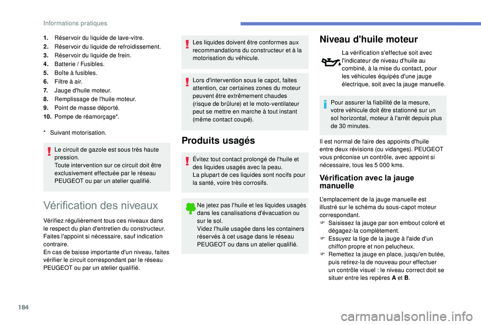 Peugeot 308 2018  Manuel du propriétaire (in French) 184
1.Réser voir du liquide de lave-vitre.
2. Réservoir du liquide de refroidissement.
3. Réser voir du liquide de frein.
4. Batterie / Fusibles.
5. Boîte à fusibles.
6. Filtre à air.
7. Jauge d