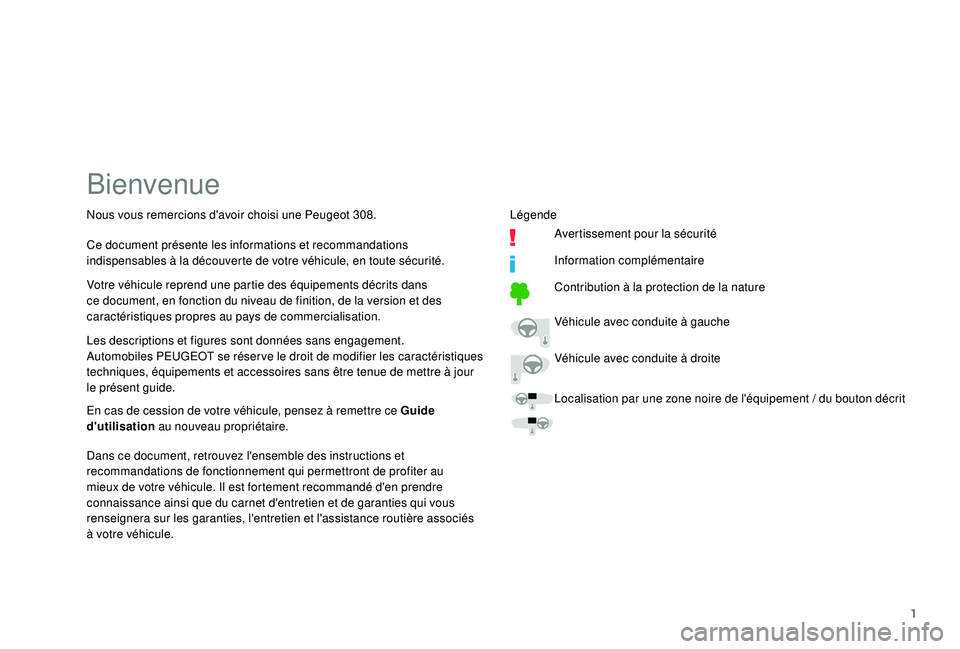 Peugeot 308 2018 Manuel du propriétaire (in French) 1
Bienvenue
Les descriptions et figures sont données sans engagement.
Automobiles PEUGEOT se réser ve le droit de modifier les caractéristiques
techniques, équipements et accessoires sans être t Peugeot 308 2018 Manuel du propriétaire (in French) 1
Bienvenue
Les descriptions et figures sont données sans engagement.
Automobiles PEUGEOT se réser ve le droit de modifier les caractéristiques
techniques, équipements et accessoires sans être t