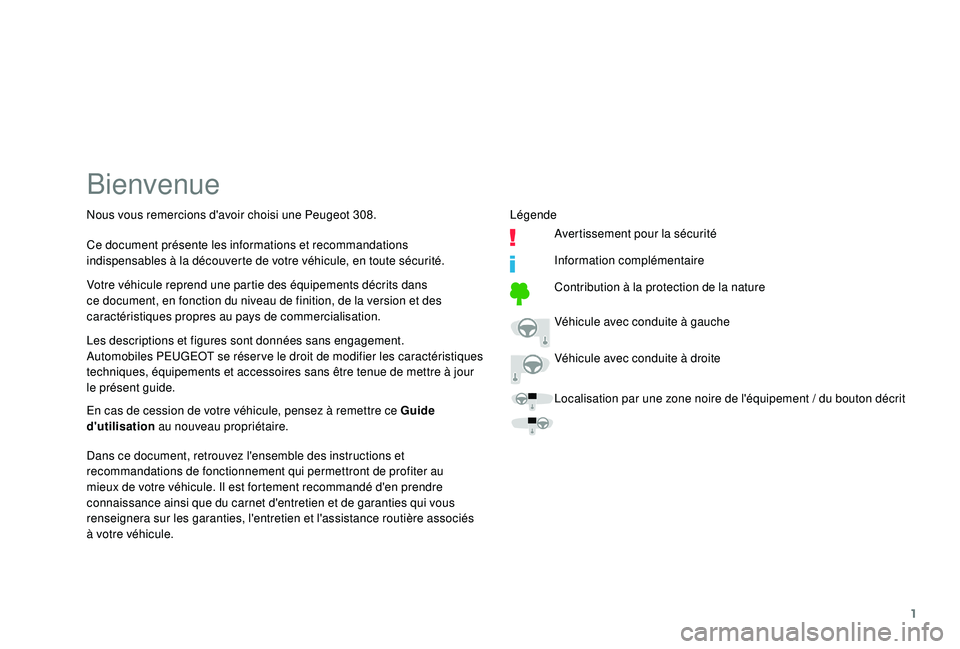 Peugeot 308 2018  Manuel du propriétaire (in French) 1
Bienvenue
Les descriptions et figures sont données sans engagement.
Automobiles PEUGEOT se réser ve le droit de modifier les caractéristiques 
techniques, équipements et accessoires sans être t