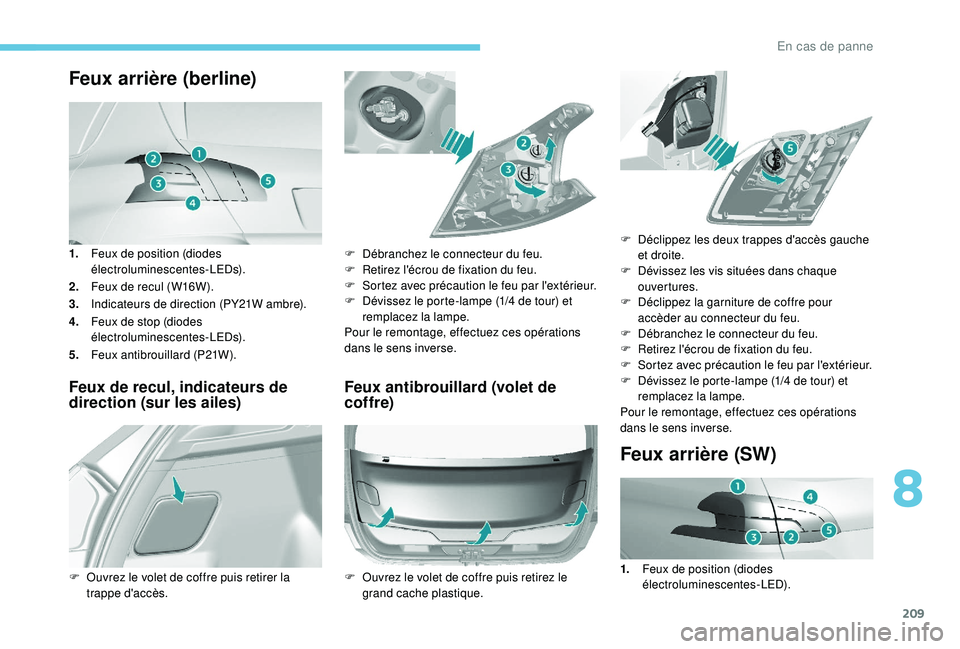 Peugeot 308 2018  Manuel du propriétaire (in French) 209
Feux arrière (berline)
1.Feux de position (diodes 
électroluminescentes-LEDs).
2. Feux de recul (W16W).
3. Indicateurs de direction (PY21W ambre).
4. Feux de stop (diodes 
électroluminescentes-