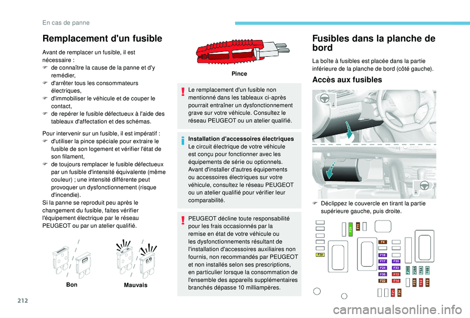 Peugeot 308 2018  Manuel du propriétaire (in French) 212
Remplacement d'un fusible
Avant de remplacer un fusible, il est 
nécessaire :
F
 
d
 e connaître la cause de la panne et d'y 
remédier,
F
 
d
 'arrêter tous les consommateurs 
éle