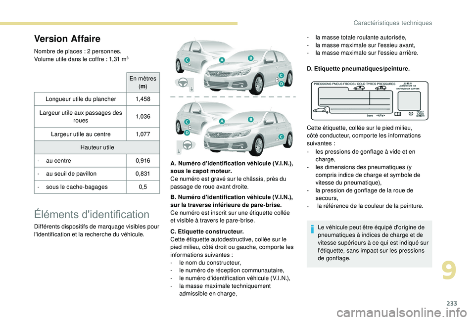 Peugeot 308 2018 Manuel du propriétaire (in French) 233
Version Affaire
Nombre de places : 2 personnes.
Volume utile dans le coffre : 1,31 m3
En mètres (m )
Longueur utile du plancher 1,4 5 8
Largeur utile aux passages des roues 1,03 6
Largeur utile Peugeot 308 2018 Manuel du propriétaire (in French) 233
Version Affaire
Nombre de places : 2 personnes.
Volume utile dans le coffre : 1,31 m3
En mètres (m )
Longueur utile du plancher 1,4 5 8
Largeur utile aux passages des roues 1,03 6
Largeur utile