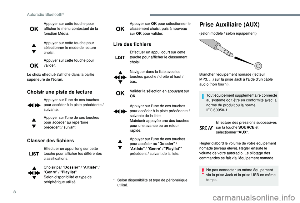 Peugeot 308 2018 Manuel du propriétaire (in French) 8
Appuyer sur cette touche pour
afficher le menu contextuel de la
fonction Média.
Appuyer sur cette touche pour
sélectionner le mode de lecture
choisi.
Appuyer sur cette touche pour
va l i d e Peugeot 308 2018 Manuel du propriétaire (in French) 8
Appuyer sur cette touche pour
afficher le menu contextuel de la
fonction Média.
Appuyer sur cette touche pour
sélectionner le mode de lecture
choisi.
Appuyer sur cette touche pour
va l i d e