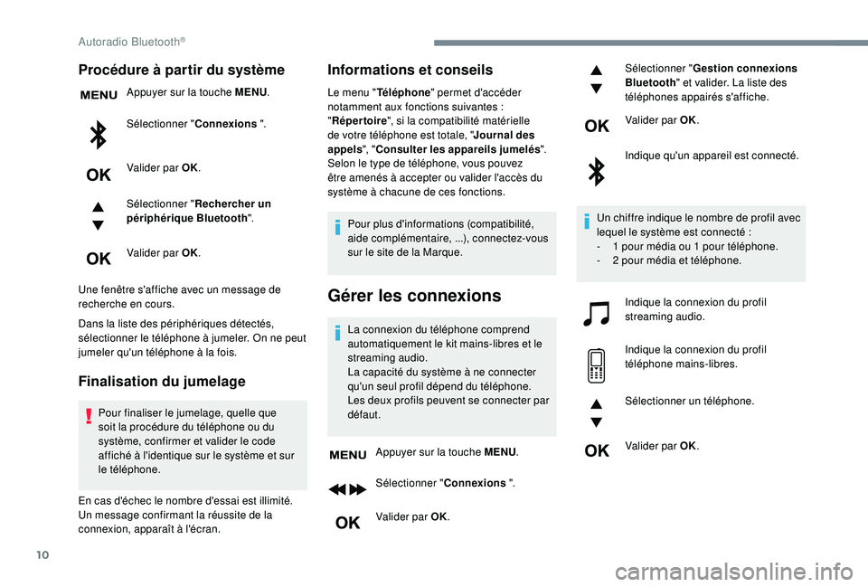 Peugeot 308 2018 Manuel du propriétaire (in French) 10
Procédure à partir du système
Appuyer sur la touche MENU.
Sélectionner " Connexions ".
Valider par OK.
Sélectionner " Rechercher un
périphérique Bluetooth ".
Valider par OK. Peugeot 308 2018 Manuel du propriétaire (in French) 10
Procédure à partir du système
Appuyer sur la touche MENU.
Sélectionner " Connexions ".
Valider par OK.
Sélectionner " Rechercher un
périphérique Bluetooth ".
Valider par OK.