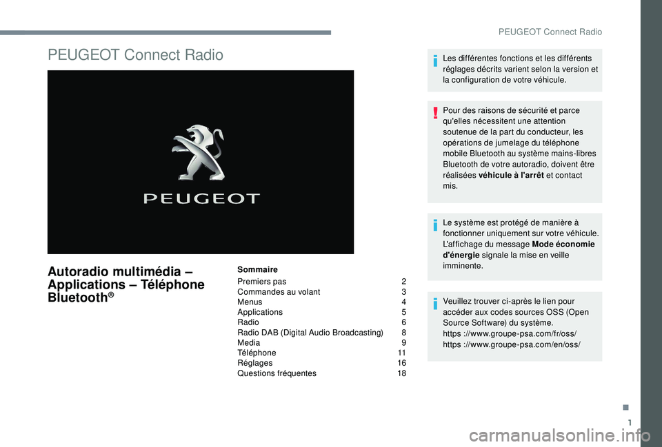 Peugeot 308 2018 Manuel du propriétaire (in French) 1
PEUGEOT Connect Radio
Autoradio multimédia –
Applications – Téléphone
Bluetooth
®
Sommaire
Premiers pas
2
C
ommandes au volant
3
M
enus
4
A
pplications
5
R
adio
6
R
adio Peugeot 308 2018 Manuel du propriétaire (in French) 1
PEUGEOT Connect Radio
Autoradio multimédia –
Applications – Téléphone
Bluetooth
®
Sommaire
Premiers pas
2
C
ommandes au volant
3
M
enus
4
A
pplications
5
R
adio
6
R
adio