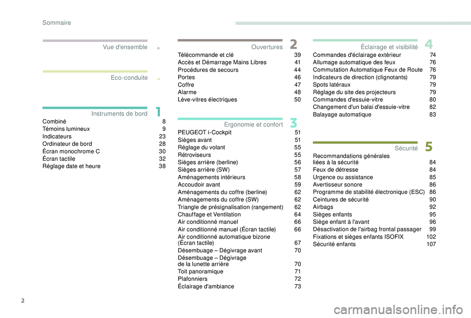 Peugeot 308 2018  Manuel du propriétaire (in French) 2
.
.
Combiné 8
Témoins lumineux 9
I
ndicateurs
 
 23
Ordinateur de bord
 
2
 8
Écran monochrome C
 
3
 0
Écran tactile
 3

2
Réglage date et heure
 
3
 8Télécommande et clé
 
3
 9
Accès et D