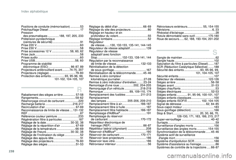 Peugeot 308 2018  Manuel du propriétaire (in French) 238
RRabattement des sièges arrière ...............57- 5 8
Rangements ............................... ...............58-62
Réamorçage circuit de carburant
 

.................220
Recharge batterie