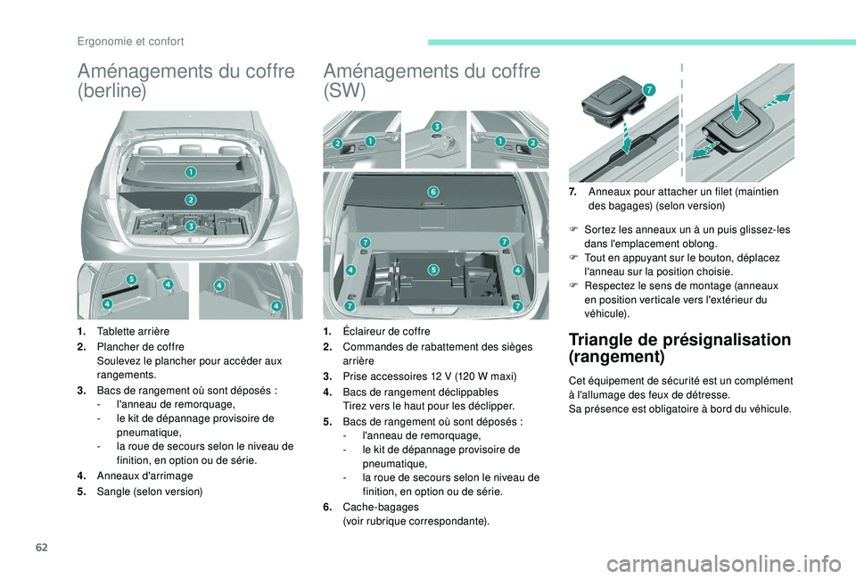 Peugeot 308 2018  Manuel du propriétaire (in French) 62
Aménagements du coffre 
( b e r l i n e)
1.Tablette arrière
2. Plancher de coffre
Soulevez le plancher pour accéder aux 
rangements.
3. Bacs de rangement où sont déposés
  :
-
 
l
 'annea
