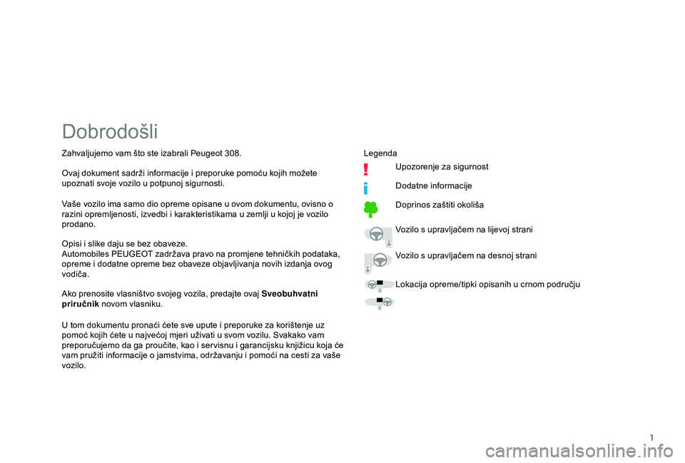 Peugeot 308 2018  Vodič za korisnike (in Croatian) 1
Dobrodošli
Opisi i slike daju se bez obaveze.
Automobiles PEUGEOT zadržava pravo na promjene tehničkih podataka, 
opreme i dodatne opreme bez obaveze objavljivanja novih izdanja ovog 
vodiča.
U 