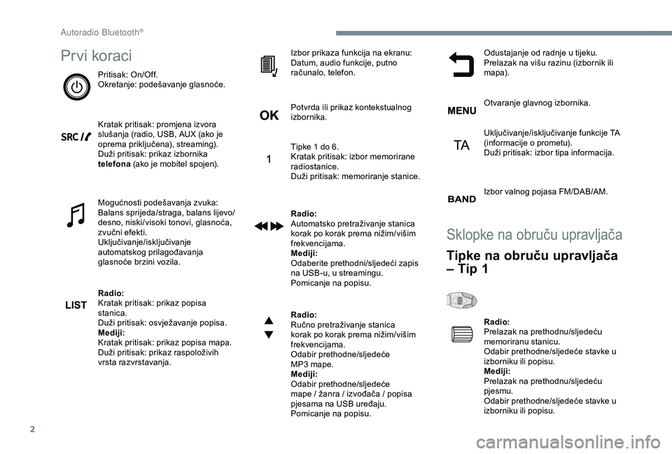 Peugeot 308 2018  Vodič za korisnike (in Croatian) 2
Prvi koraci
Pritisak: On/Off.
Okretanje: podešavanje glasnoće.
Kratak pritisak: promjena izvora 
slušanja (radio, USB, AUX (ako je 
oprema priključena), streaming).
Duži pritisak: prikaz izborn