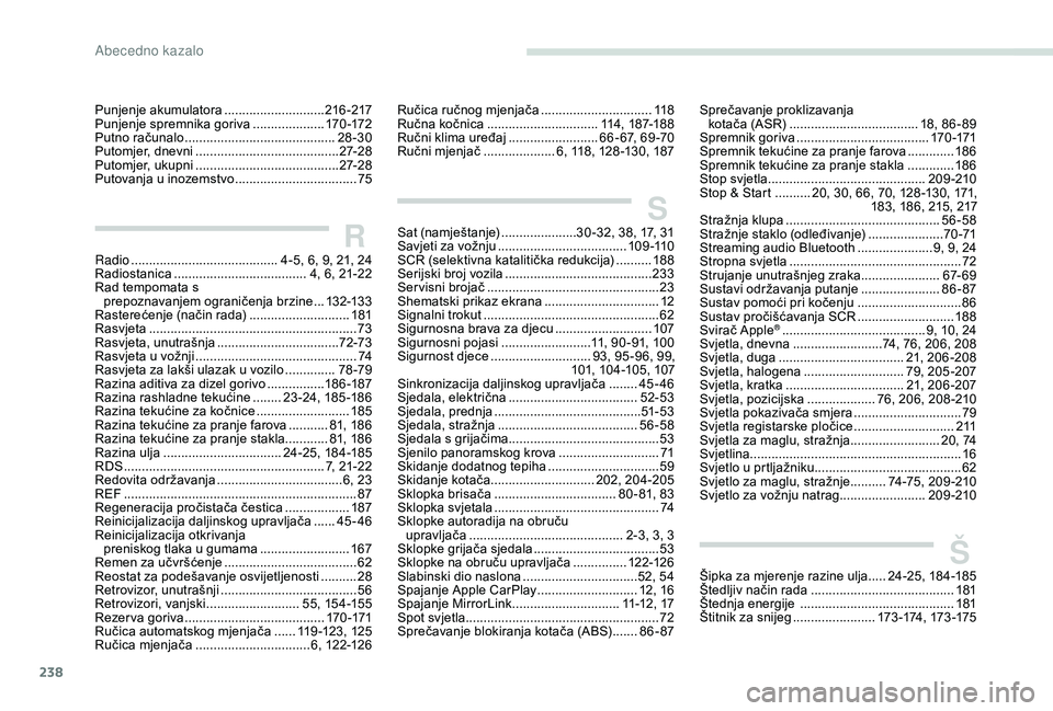 Peugeot 308 2018  Vodič za korisnike (in Croatian) 238
Punjenje akumulatora ............................216 -217
Punjenje spremnika goriva   ....................170 -172
Putno računalo
 
...............................
 ...........28-30
Putomjer, dne