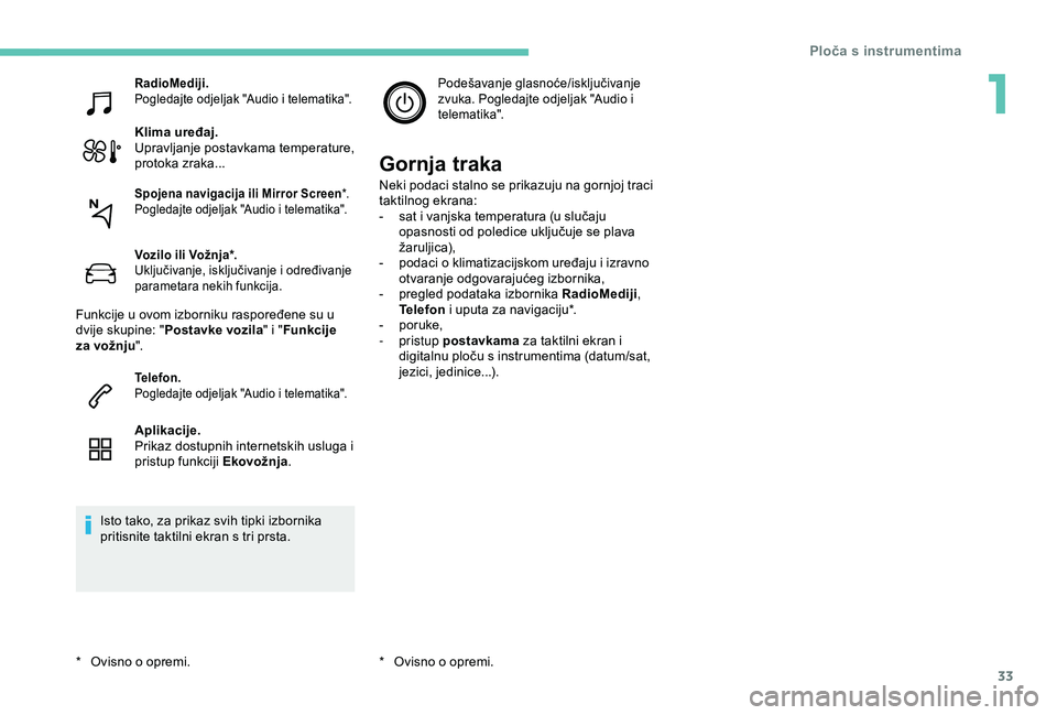 Peugeot 308 2018  Vodič za korisnike (in Croatian) 33
RadioMediji.
Pogledajte odjeljak "Audio i telematika".
Klima uređaj.
Upravljanje postavkama temperature, 
protoka zraka...
Vozilo ili Vožnja*.
Uključivanje, isključivanje i određivanje
