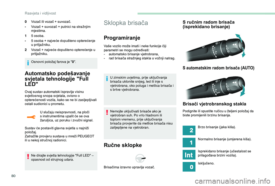 Peugeot 308 2018  Vodič za korisnike (in Croatian) 80
Automatsko podešavanje 
svjetala tehnologije "Full 
LED"
Ovaj sustav automatski ispravlja visinu 
svjetlosnog snopa svjetala, ovisno o 
opterećenosti vozila, kako se ne bi zasljepljivali 