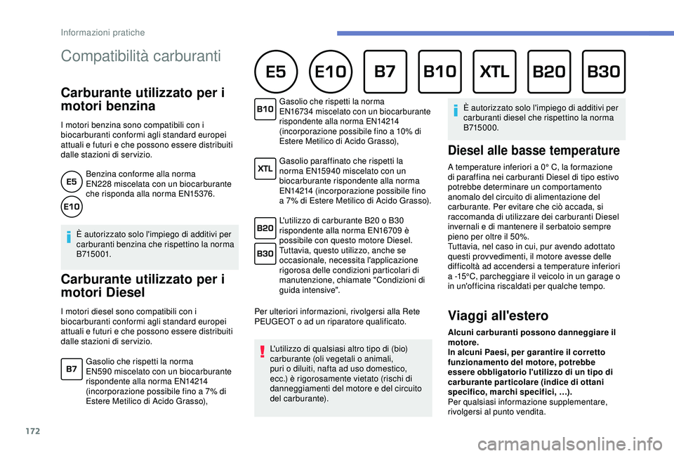 Peugeot 308 2018 Manuale del proprietario (in Italian) 172
Compatibilità carburanti
Carburante utilizzato per i
motori benzina
I motori benzina sono compatibili con i
biocarburanti conformi agli standard europei
attuali e futuri e che possono essere Peugeot 308 2018 Manuale del proprietario (in Italian) 172
Compatibilità carburanti
Carburante utilizzato per i
motori benzina
I motori benzina sono compatibili con i
biocarburanti conformi agli standard europei
attuali e futuri e che possono essere