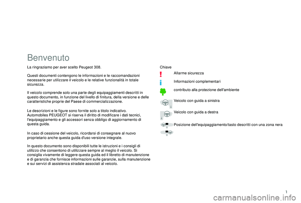 Peugeot 308 2018  Manuale del proprietario (in Italian) 1
Benvenuto
Le descrizioni e le figure sono fornite solo a titolo indicativo.
Automobiles PEUGEOT si riser va il diritto di modificare i dati tecnici, 
l'equipaggiamento e gli accessori senza obbl