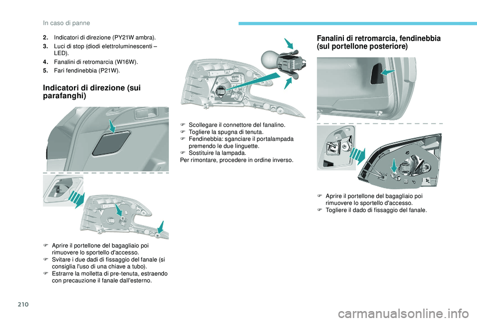 Peugeot 308 2018 Manuale del proprietario (in Italian) 210
2.Indicatori di direzione (PY21W ambra).
3. Luci di stop (diodi elettroluminescenti –
LED).
4. Fanalini di retromarcia (W16W).
5. Fari fendinebbia (P21W).
Indicatori di direzione (sui
parafang Peugeot 308 2018 Manuale del proprietario (in Italian) 210
2.Indicatori di direzione (PY21W ambra).
3. Luci di stop (diodi elettroluminescenti –
LED).
4. Fanalini di retromarcia (W16W).
5. Fari fendinebbia (P21W).
Indicatori di direzione (sui
parafang