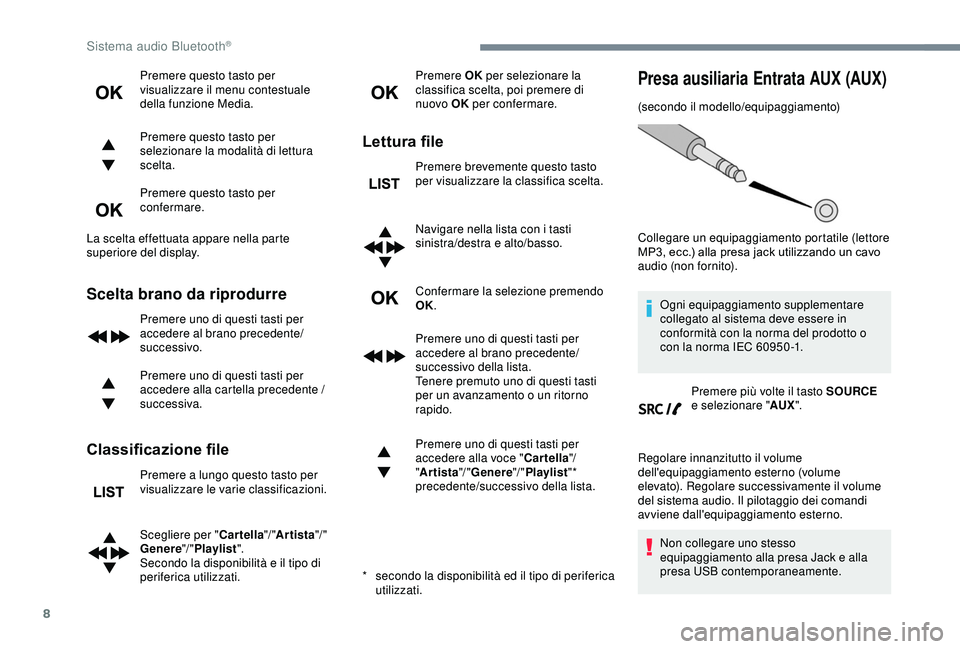 Peugeot 308 2018 Manuale del proprietario (in Italian) 8
Premere questo tasto per
visualizzare il menu contestuale
della funzione Media.
Premere questo tasto per
selezionare la modalità di lettura
scelta.
Premere questo tasto per
confermare.
La scel Peugeot 308 2018 Manuale del proprietario (in Italian) 8
Premere questo tasto per
visualizzare il menu contestuale
della funzione Media.
Premere questo tasto per
selezionare la modalità di lettura
scelta.
Premere questo tasto per
confermare.
La scel