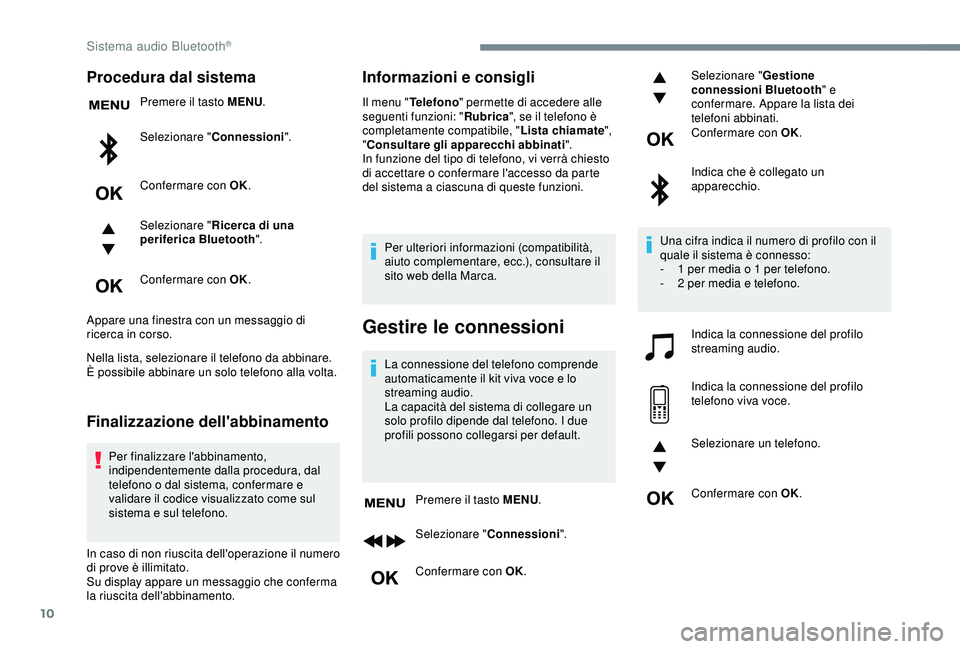 Peugeot 308 2018 Manuale del proprietario (in Italian) 10
Procedura dal sistema
Premere il tasto MENU.
Selezionare " Connessioni".
Confermare con OK.
Selezionare " Ricerca di una
periferica Bluetooth ".
Confermare con OK.
Appare una fines Peugeot 308 2018 Manuale del proprietario (in Italian) 10
Procedura dal sistema
Premere il tasto MENU.
Selezionare " Connessioni".
Confermare con OK.
Selezionare " Ricerca di una
periferica Bluetooth ".
Confermare con OK.
Appare una fines