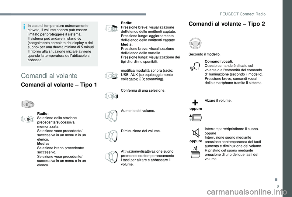 Peugeot 308 2018 Manuale del proprietario (in Italian) 3
In caso di temperature estremamente
elevate, il volume sonoro può essere
limitato per proteggere il sistema.
Il sistema può andare in stand-by
(spegnimento completo del display e del
suono) p Peugeot 308 2018 Manuale del proprietario (in Italian) 3
In caso di temperature estremamente
elevate, il volume sonoro può essere
limitato per proteggere il sistema.
Il sistema può andare in stand-by
(spegnimento completo del display e del
suono) p