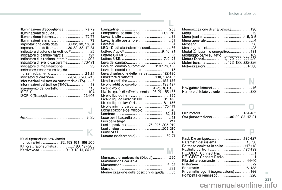 Peugeot 308 2018 Manuale del proprietario (in Italian) 237
Illuminazione d'accoglienza ......................78 -79
Illuminazione di guida ..................................... 74
Illuminazione interna
.................................. 7
2-73
Illu Peugeot 308 2018 Manuale del proprietario (in Italian) 237
Illuminazione d'accoglienza ......................78 -79
Illuminazione di guida ..................................... 74
Illuminazione interna
.................................. 7
2-73
Illu
