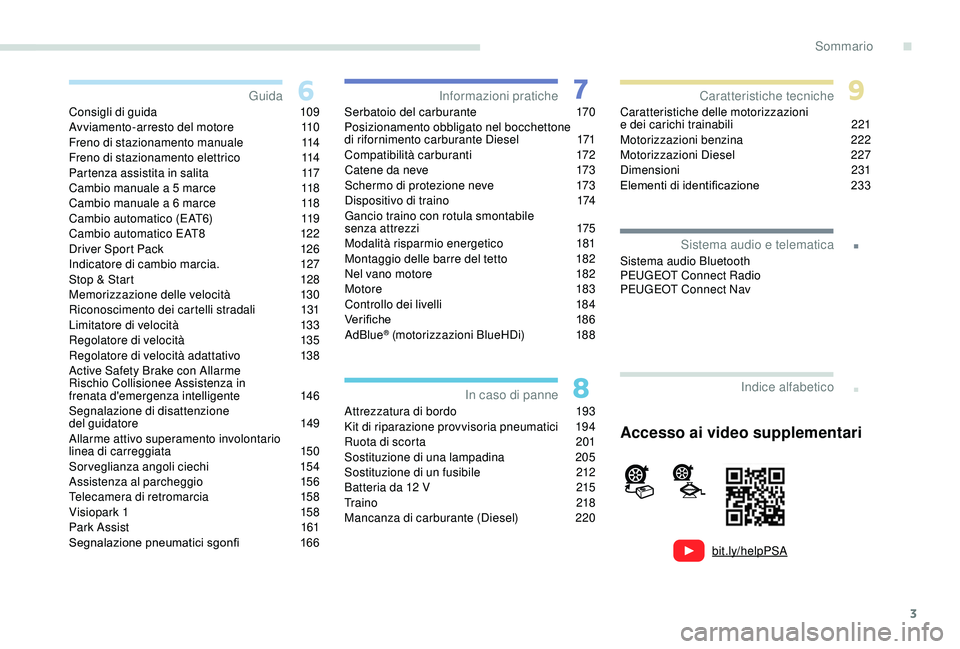 Peugeot 308 2018  Manuale del proprietario (in Italian) 3
.
bit.ly/helpPSA
.
Consigli di guida 109
Avviamento-arresto del motore 1 10
Freno di stazionamento manuale
 1

14
Freno di stazionamento elettrico
 
1
 14
Partenza assistita in salita
 1

17
Cambio 