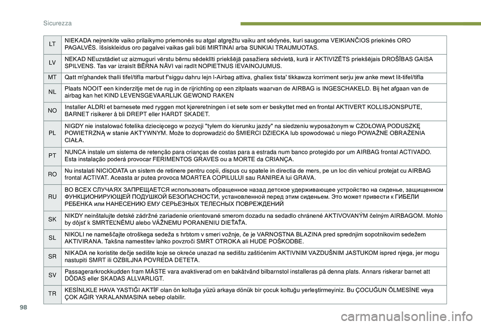 Peugeot 308 2018 Manuale del proprietario (in Italian) 98
LTNIEK ADA neįrenkite vaiko prilaikymo priemonės su atgal atgręžtu vaiku ant sėdynės, kuri saugoma VEIKIANČIOS priekinės ORO
PAGALVĖS. Išsiskleidus oro pagalvei vaikas gali būti MIRTINA Peugeot 308 2018 Manuale del proprietario (in Italian) 98
LTNIEK ADA neįrenkite vaiko prilaikymo priemonės su atgal atgręžtu vaiku ant sėdynės, kuri saugoma VEIKIANČIOS priekinės ORO
PAGALVĖS. Išsiskleidus oro pagalvei vaikas gali būti MIRTINA