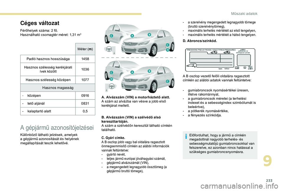 Peugeot 308 2018 Kezelési útmutató (in Hungarian) 233
Céges változat
Férőhelyek száma: 2 fő.
Használható csomagtér méret: 1,31 m3
Méter (m)
Padló hasznos hosszúsága 145 8
Hasznos szélesség kerékjárati ívek között 1036
Hasznos s Peugeot 308 2018 Kezelési útmutató (in Hungarian) 233
Céges változat
Férőhelyek száma: 2 fő.
Használható csomagtér méret: 1,31 m3
Méter (m)
Padló hasznos hosszúsága 145 8
Hasznos szélesség kerékjárati ívek között 1036
Hasznos s