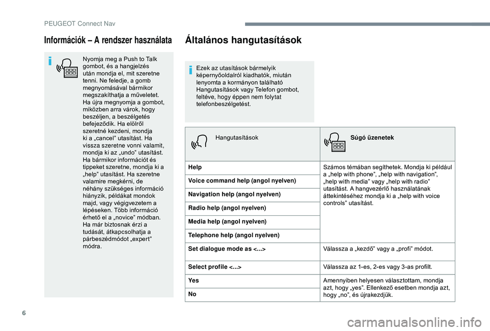 Peugeot 308 2018  Kezelési útmutató (in Hungarian) 6
Információk – A rendszer használata
Nyomja meg a Push to Talk 
gombot, és a hangjelzés 
után mondja el, mit szeretne 
tenni. Ne feledje, a gomb 
megnyomásával bármikor 
megszakíthatja a 