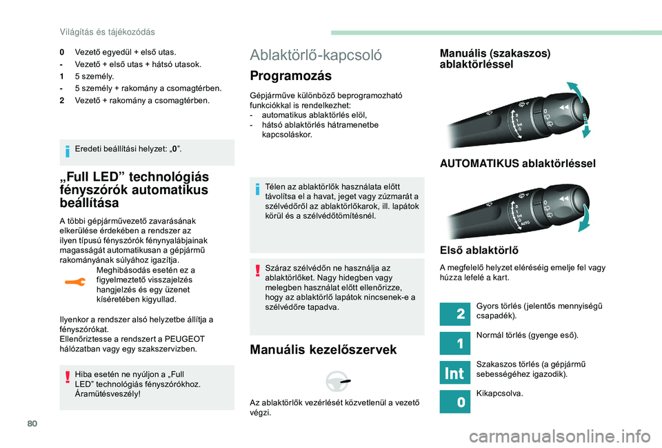 Peugeot 308 2018 Kezelési útmutató (in Hungarian) 80
„Full LED” technológiás
fényszórók automatikus
beállítása
A többi gépjárművezető zavarásának
elkerülése érdekében a rendszer az
ilyen típusú fényszórók fénynyalábj Peugeot 308 2018 Kezelési útmutató (in Hungarian) 80
„Full LED” technológiás
fényszórók automatikus
beállítása
A többi gépjárművezető zavarásának
elkerülése érdekében a rendszer az
ilyen típusú fényszórók fénynyalábj