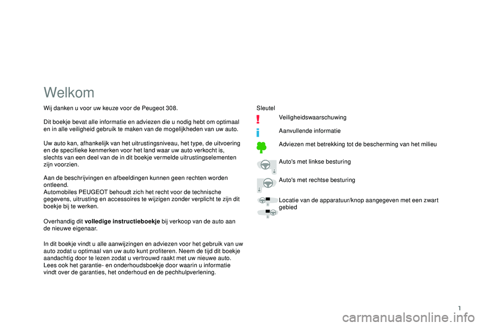 Peugeot 308 2018  Handleiding (in Dutch) 1
Welkom
Aan de beschrijvingen en afbeeldingen kunnen geen rechten worden 
ontleend.
Automobiles PEUGEOT behoudt zich het recht voor de technische 
gegevens, uitrusting en accessoires te wijzigen zond