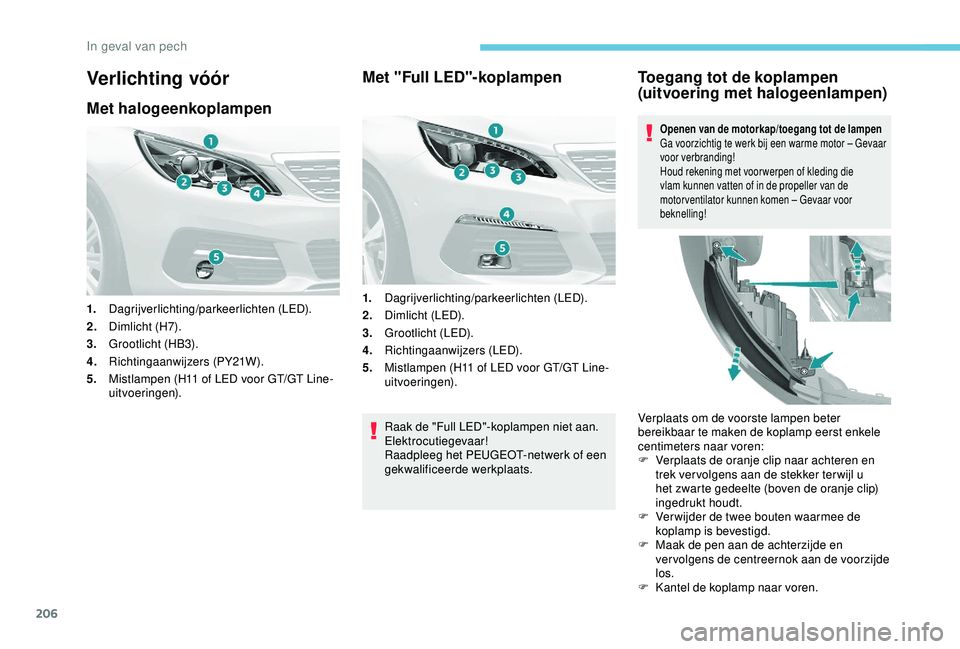 Peugeot 308 2018 Handleiding (in Dutch) 206
Verlichting vóór
Met halogeenkoplampen
1.Dagrijverlichting/parkeerlichten (LED).
2. Dimlicht (H7).
3. Grootlicht (HB3).
4. Richtingaanwijzers (PY21W).
5. Mistlampen (H11 of LED voor GT/GT Line-
Peugeot 308 2018 Handleiding (in Dutch) 206
Verlichting vóór
Met halogeenkoplampen
1.Dagrijverlichting/parkeerlichten (LED).
2. Dimlicht (H7).
3. Grootlicht (HB3).
4. Richtingaanwijzers (PY21W).
5. Mistlampen (H11 of LED voor GT/GT Line-