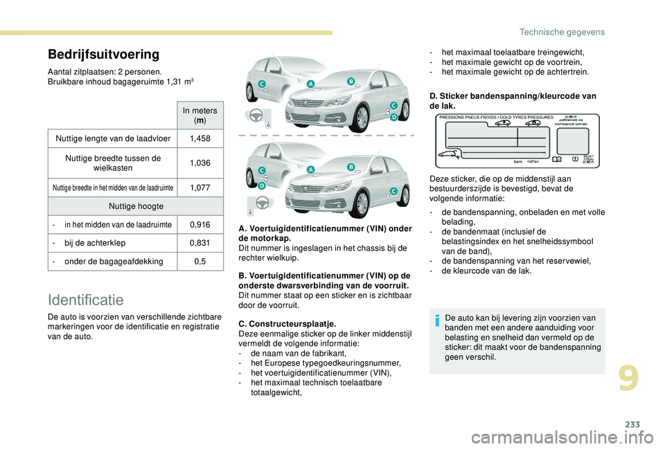 Peugeot 308 2018 Handleiding (in Dutch) 233
Bedrijfsuitvoering
Aantal zitplaatsen: 2 personen.
Bruikbare inhoud bagageruimte 1,31 m3
In meters (m )
Nuttige lengte van de laadvloer 1,4 5 8
Nuttige breedte tussen de wielkasten 1,03 6
Nuttige Peugeot 308 2018 Handleiding (in Dutch) 233
Bedrijfsuitvoering
Aantal zitplaatsen: 2 personen.
Bruikbare inhoud bagageruimte 1,31 m3
In meters (m )
Nuttige lengte van de laadvloer 1,4 5 8
Nuttige breedte tussen de wielkasten 1,03 6
Nuttige