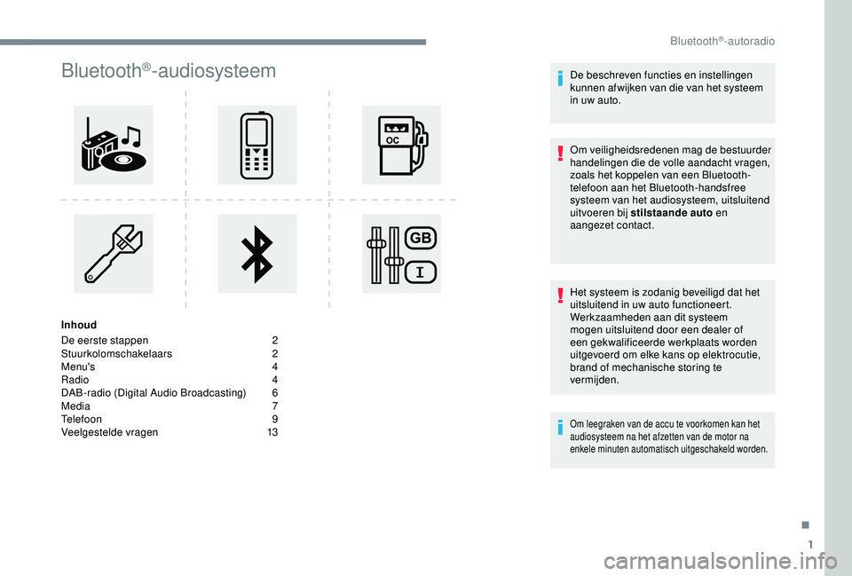 Peugeot 308 2018 Handleiding (in Dutch) 1
Bluetooth®-audiosysteem
Inhoud
De eerste stappen
2
St
uurkolomschakelaars
2
Menu's
4
Radio
4
DAB-radio (Digital Audio Broadcasting)
6
M
edia 7
Telefoon
9
V
eelgestelde vragen
1
Peugeot 308 2018 Handleiding (in Dutch) 1
Bluetooth®-audiosysteem
Inhoud
De eerste stappen
2
St
uurkolomschakelaars
2
Menu's
4
Radio
4
DAB-radio (Digital Audio Broadcasting)
6
M
edia 7
Telefoon
9
V
eelgestelde vragen
1
