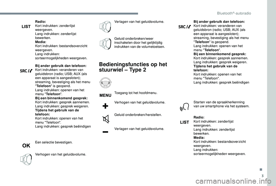 Peugeot 308 2018 Handleiding (in Dutch) 3
Radio:
Kort indrukken: zenderlijst
weergeven.
Lang indrukken: zenderlijst
bewerken.
Media:
Kort indrukken: bestandsoverzicht
weergeven.
Lang indrukken:
sorteermogelijkheden weergeven.
Bij ander Peugeot 308 2018 Handleiding (in Dutch) 3
Radio:
Kort indrukken: zenderlijst
weergeven.
Lang indrukken: zenderlijst
bewerken.
Media:
Kort indrukken: bestandsoverzicht
weergeven.
Lang indrukken:
sorteermogelijkheden weergeven.
Bij ander