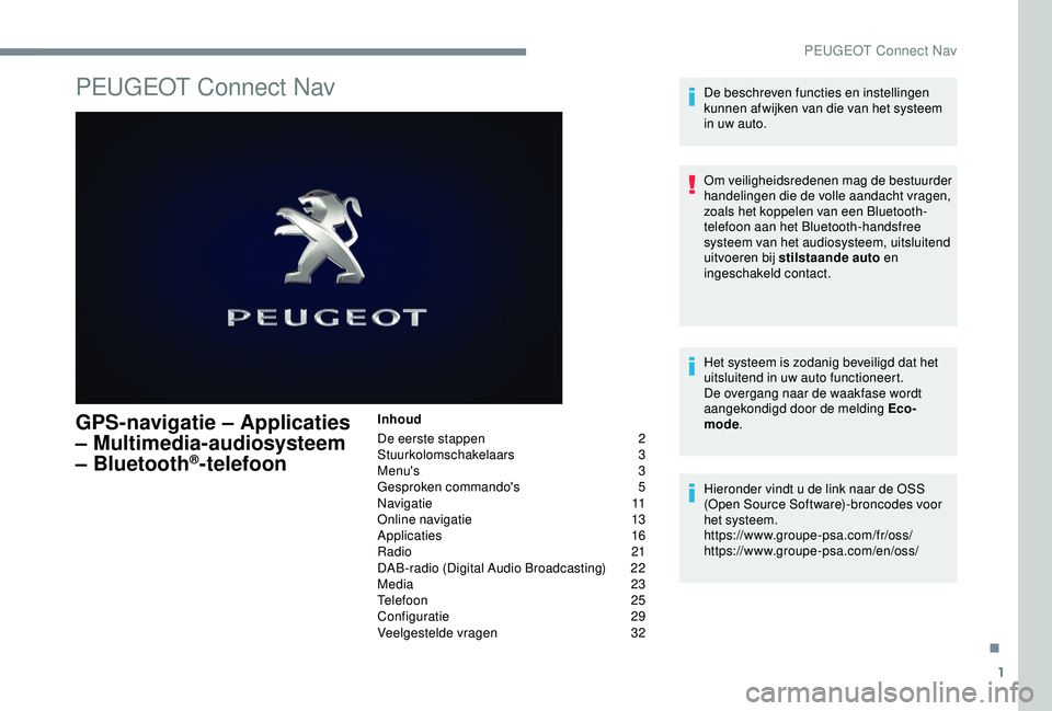 Peugeot 308 2018 Handleiding (in Dutch) 1
PEUGEOT Connect Nav
GPS-navigatie – Applicaties
– Multimedia-audiosysteem
– Bluetooth
®-telefoon
Inhoud
De eerste stappen
2
St
uurkolomschakelaars
3
Menu's
3
Gesproken commando Peugeot 308 2018 Handleiding (in Dutch) 1
PEUGEOT Connect Nav
GPS-navigatie – Applicaties
– Multimedia-audiosysteem
– Bluetooth
®-telefoon
Inhoud
De eerste stappen
2
St
uurkolomschakelaars
3
Menu's
3
Gesproken commando