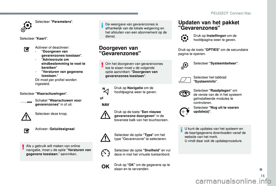 Peugeot 308 2018  Handleiding (in Dutch) 15
Selecteer "Parameters ".
Selecteer " Kaart".
Activeer of deactiveer:
-
  "Doorgeven van 
gevarenzones toestaan ".
-
  "Adviesroute om 
eindbestemming te voet te 
bereike