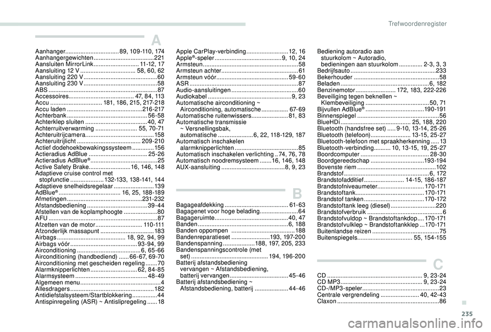 Peugeot 308 2018  Handleiding (in Dutch) 235
AAanhanger................................ 89, 109 -110, 174
Aanhangergewichten  .................................... 221
Aansluiten MirrorLink
 

...........................11 -12 ,  17
Aansluiti