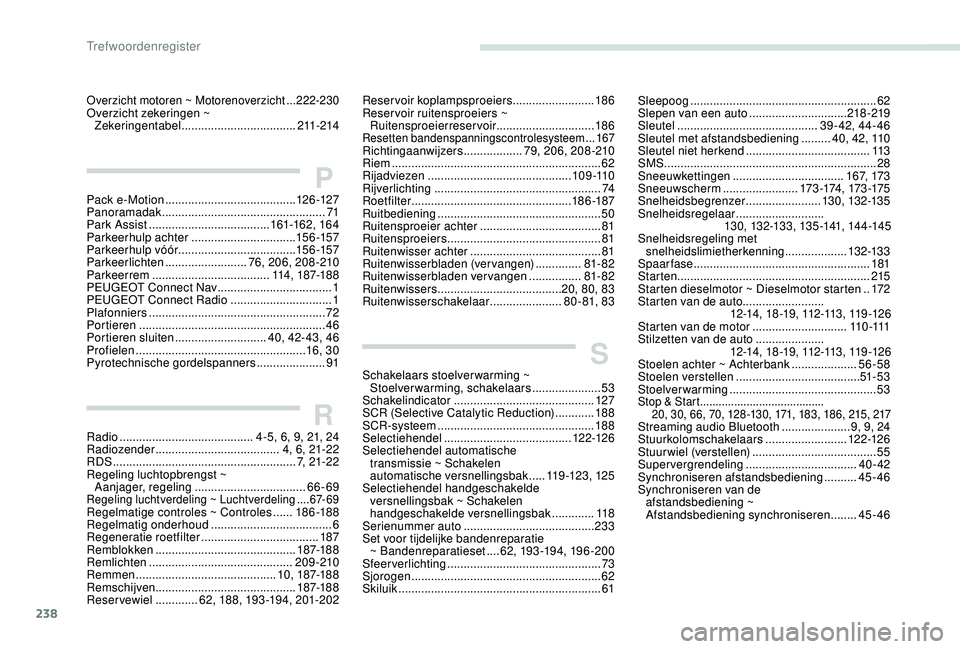 Peugeot 308 2018  Handleiding (in Dutch) 238
Overzicht motoren ~ Motorenoverzicht ...222 -230Overzicht zekeringen ~ 
Zekeringentabel ................................... 21
1-214
PPack e-Motion ........................................ 126 -12