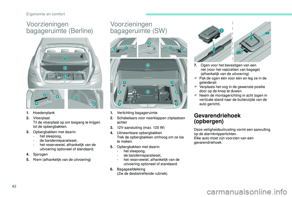 Peugeot 308 2018 Handleiding (in Dutch) 62
Voorzieningen
bagageruimte (Berline)
1.Hoedenplank
2. Vloerplaat
Til de vloerplaat op om toegang te krijgen
tot de opbergbakken.
3. Opbergbakken met daarin:
-
he
t sleepoog,
-
d
e bandenrepar Peugeot 308 2018 Handleiding (in Dutch) 62
Voorzieningen
bagageruimte (Berline)
1.Hoedenplank
2. Vloerplaat
Til de vloerplaat op om toegang te krijgen
tot de opbergbakken.
3. Opbergbakken met daarin:
-
he
t sleepoog,
-
d
e bandenrepar