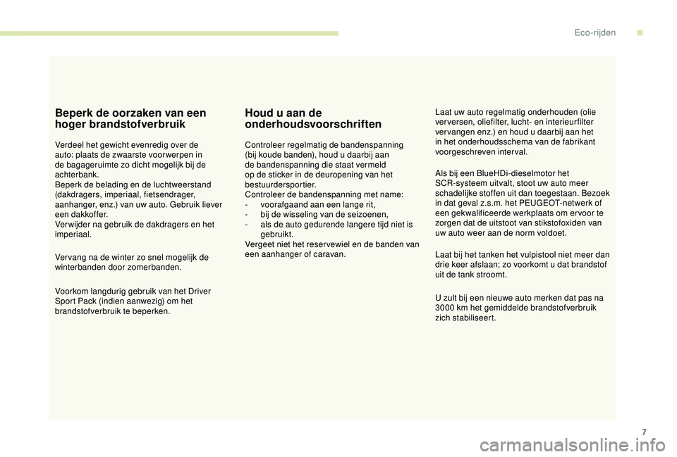 Peugeot 308 2018 Handleiding (in Dutch) 7
Beperk de oorzaken van een
hoger brandstofverbruik
Verdeel het gewicht evenredig over de
auto: plaats de zwaarste voor werpen in
de bagageruimte zo dicht mogelijk bij de
achterbank.
Beperk de be Peugeot 308 2018 Handleiding (in Dutch) 7
Beperk de oorzaken van een
hoger brandstofverbruik
Verdeel het gewicht evenredig over de
auto: plaats de zwaarste voor werpen in
de bagageruimte zo dicht mogelijk bij de
achterbank.
Beperk de be