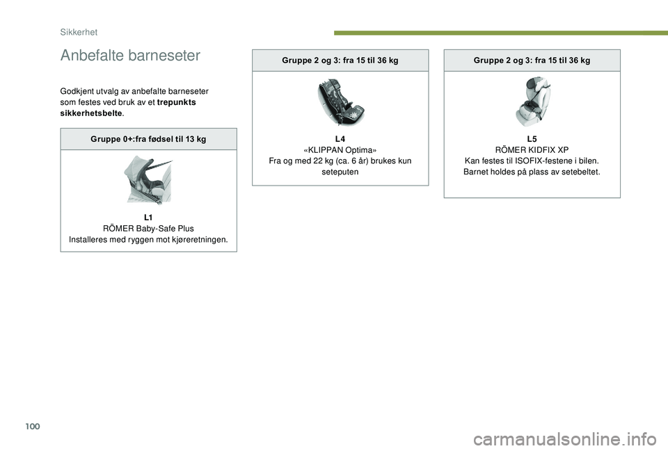 Peugeot 308 2018  Brukerhåndbok (in Norwegian) 100
Anbefalte barneseter
Godkjent utvalg av anbefalte barneseter 
som festes ved bruk av et trepunkts 
sikkerhetsbelte.
Gruppe 0+:fra fødsel til 13
  kg
L1
RÖMER Baby-Safe Plus
Installeres med rygge