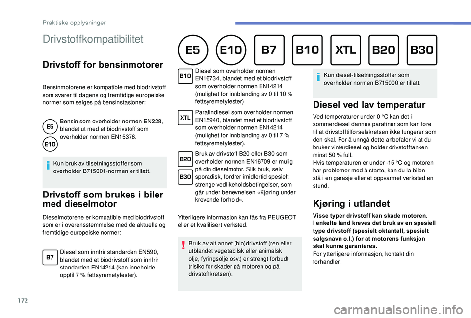 Peugeot 308 2018 Brukerhåndbok (in Norwegian) 172
Drivstoffkompatibilitet
Drivstoff for bensinmotorer
Bensinmotorene er kompatible med biodrivstoff
som svarer til dagens og fremtidige europeiske
normer som selges på bensinstasjoner:Bensin som Peugeot 308 2018 Brukerhåndbok (in Norwegian) 172
Drivstoffkompatibilitet
Drivstoff for bensinmotorer
Bensinmotorene er kompatible med biodrivstoff
som svarer til dagens og fremtidige europeiske
normer som selges på bensinstasjoner:Bensin som
