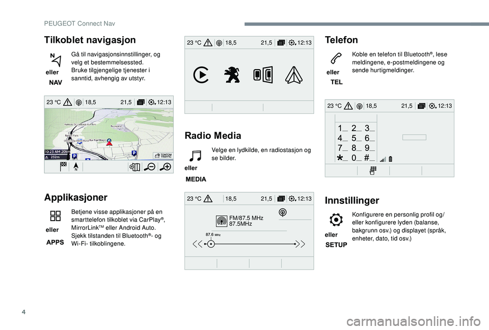 Peugeot 308 2018  Brukerhåndbok (in Norwegian) 4
12:13
18,5 21,5
23 °C
FM/87.5 MHz
87.5MHz
12:13
18,5 21,5
23 °C
12:13
18,5 21,5
23 °C
12:13
18,5 21,5
23 °C
Tilkoblet navigasjon
 eller  Gå til navigasjonsinnstillinger, og 
velg et bestemmelse