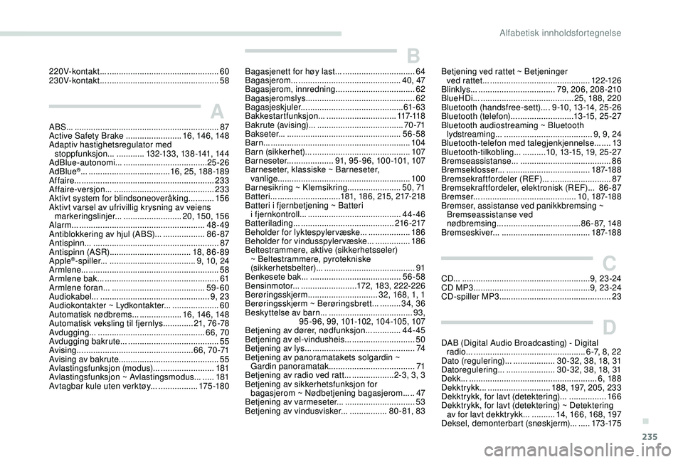 Peugeot 308 2018 Brukerhåndbok (in Norwegian) 235
220V-kontakt... ................................................60
2 30V-kontakt... ............................... .................58
AABS... .................................................... Peugeot 308 2018 Brukerhåndbok (in Norwegian) 235
220V-kontakt... ................................................60
2 30V-kontakt... ............................... .................58
AABS... ....................................................