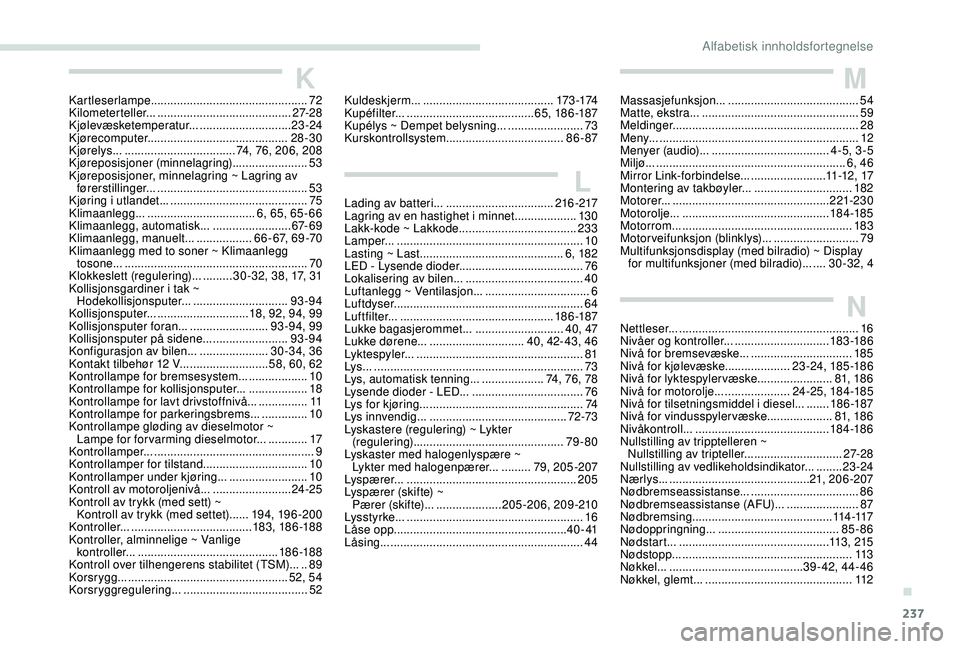 Peugeot 308 2018 Brukerhåndbok (in Norwegian) 237
KKartleserlampe................................................72
K ilometerteller... .........................................2 7-2 8
Kjølevæsketemperatur...
............................2
3 - Peugeot 308 2018 Brukerhåndbok (in Norwegian) 237
KKartleserlampe................................................72
K ilometerteller... .........................................2 7-2 8
Kjølevæsketemperatur...
............................2
3 -
