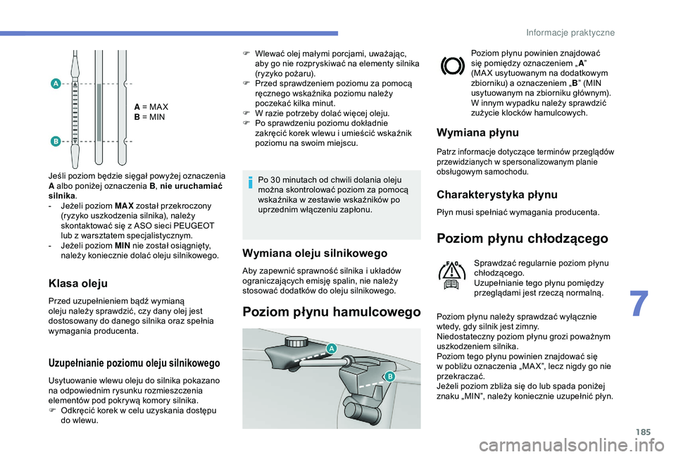 Peugeot 308 2018  Instrukcja Obsługi (in Polish) 185
A = MA X
B = MIN
Jeśli poziom będzie sięgał powyżej oznaczenia 
A albo poniżej oznaczenia B , nie uruchamiać 
silnika .
-
 
J

eżeli poziom MAX  został przekroczony 
(ryzyko uszkodzenia s